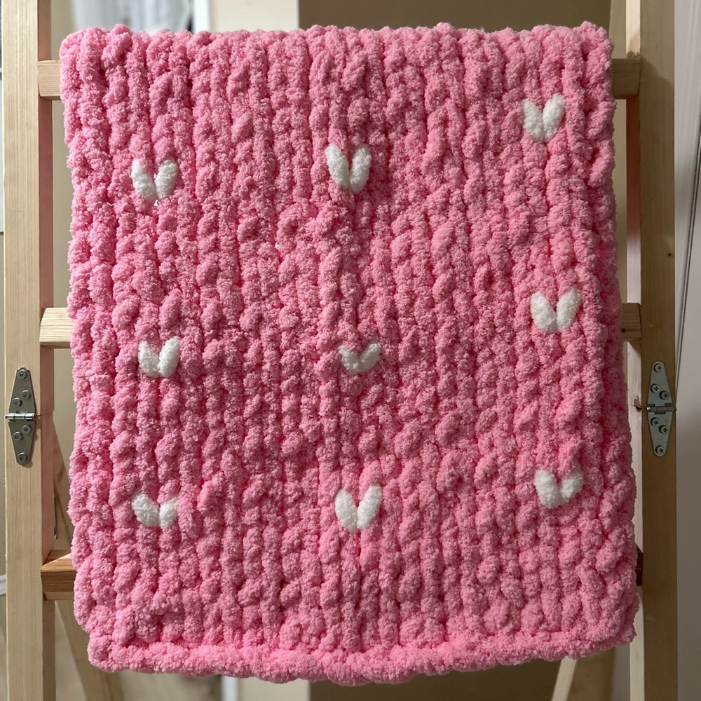 Hand-Knit Pink Baby Blanket with White Hearts